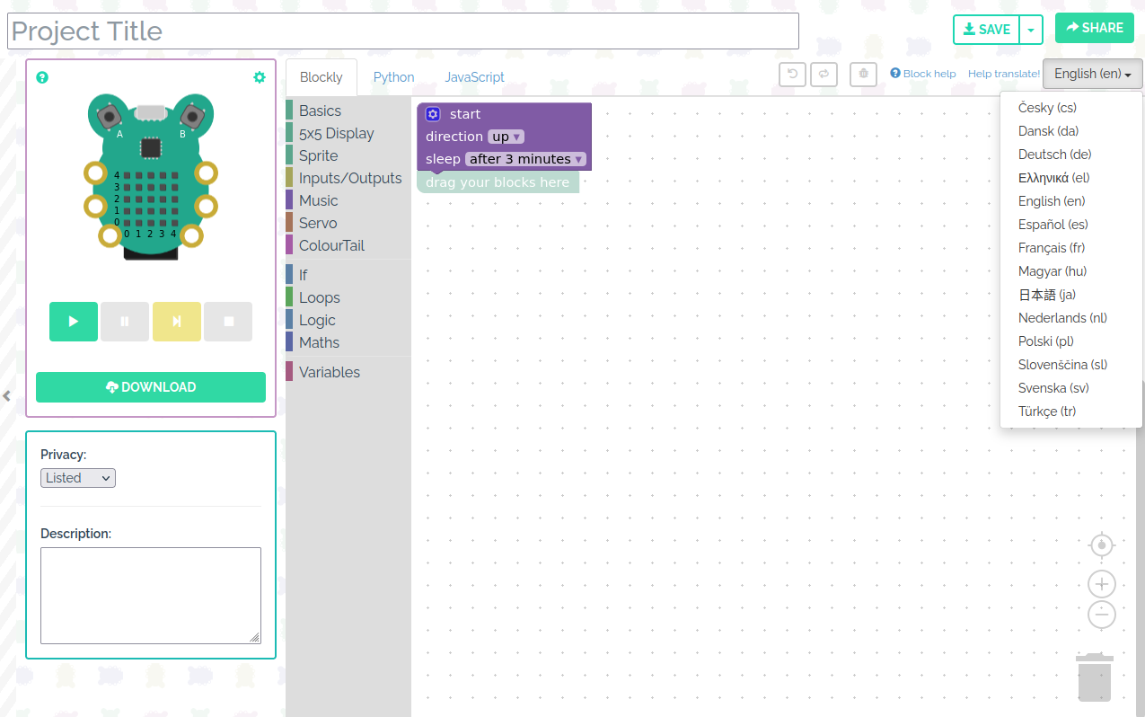 Screenshot of CodeBug website in 14 languages