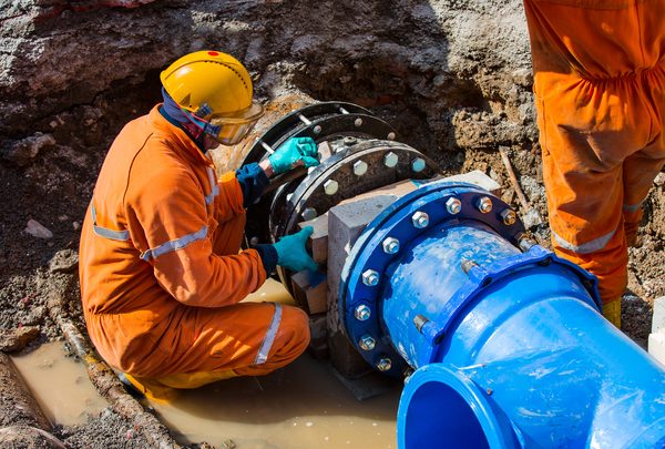 man looking at pipe for remote water monitoring